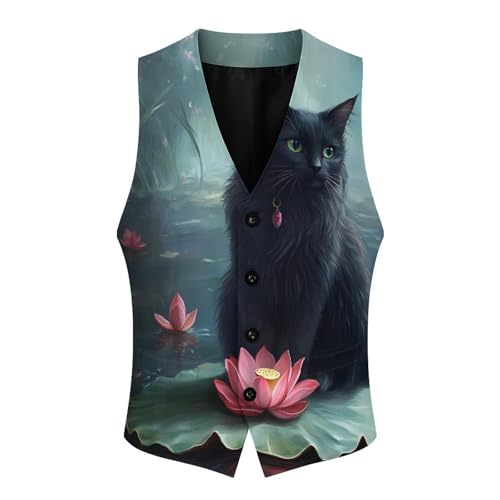 Black Cat Lily Lotuses Flowers Men's Suit Vests Business Formal Dress Vest V-Neck Waistcoat for Wedding Casual4