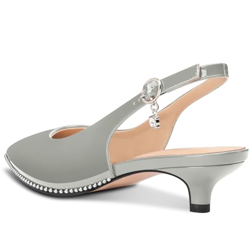 Image of TNYNFBEB Womens Low Kitten Heel Close Pointed Toe Pumps Slingback Silver Beaded Buckle Prom Party Dress Patent Leather 1.4 Inches Heels