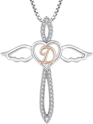 FJ Letter Initial Necklace 925 Sterling Silver Guardian Angel Necklace Alphabet Personalised Pendant with Cubic Zirconia Jewellery Gifts for Women Girls