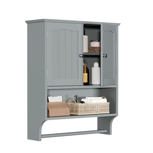 Smuxee Grey Bathroom Cabinet Wall Mounted with Towels Bar Bathroom Medicine Cabinet with 2 Door Adjustable Shelves Over Toilet Cabinet for Bathroom Laundry Room Kitchen