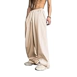 WZIKAI Men's Baggy Sweatpants Elastic Waist Drawstring Wide Leg Sweatpants Casual Loose Baggy Joggers with Pockets Beige L