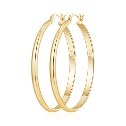OOOPEL 3mm Wide Large Gold/Silver Hoop Earrings Sterling Silver Hoop Earrings For Women Big Gold Hoops Hypoallergenic 925 Sterling Sliver Earrings Hoops 30/40/50/60mm
