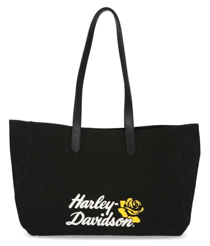 Harley-Davidson Women's H-D Rose Summer Canvas Tote Bag w/Leather Straps, Black - Main Image