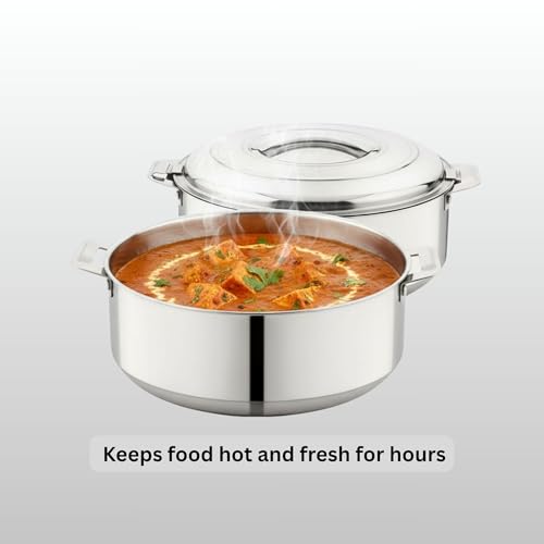 Image of Stainless Steel Hotpot with Lid, 2.5 Liter (20 cm Diameter), Double Wall Insulated, Keeps Food Hot & Fresh, Durable Heavy Duty, Ideal for Rice, Curry, Biryani, Chapati - Silver