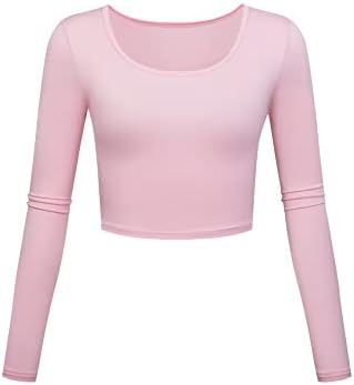 Long Sleeve Crop Tops for Women Workout Basic Clothes for Teen Ladies Fitted Slim Scoop Neck Cute Yoga Shirts (Pink, Large)