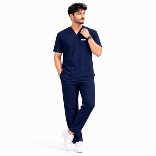 Image of Unisex Medical Scrub Suit Set, V-Neck Top with Pants, Short Sleeve, Polyester Cotton Blend, 7 Pockets, Regular Fit, Hospital Doctor Nurse Uniform