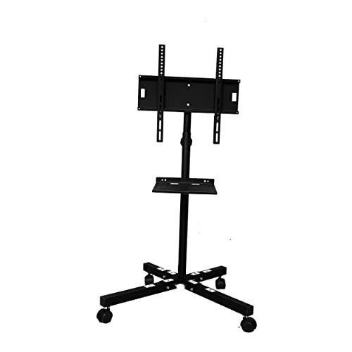 Image of Unico Adjustable Single Pipe Floor TV Stand Metal Black Powder Coated, Trolley Stand with Wheels, Full Motion Floor Mount