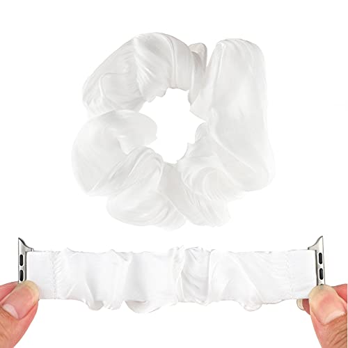 Scrunchie Bands Strap Elastic Satin Fabric Scrunchy Wristband Glossy Pure Color Bracelet Compatible Apple Watch 41mm 40mm 38mm Series 1 2 3 4 5 6 7 8 SE, White