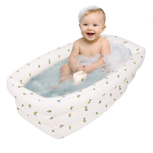 AirSwim Inflatable Baby Bathtub with Built-in Air Pump, Portable Bathtub for Babies 1-5 Years Old, Small Ball Pool, Foldable Bath Tub for Travel, 30.7 x 14.6 Inch (Orange)
