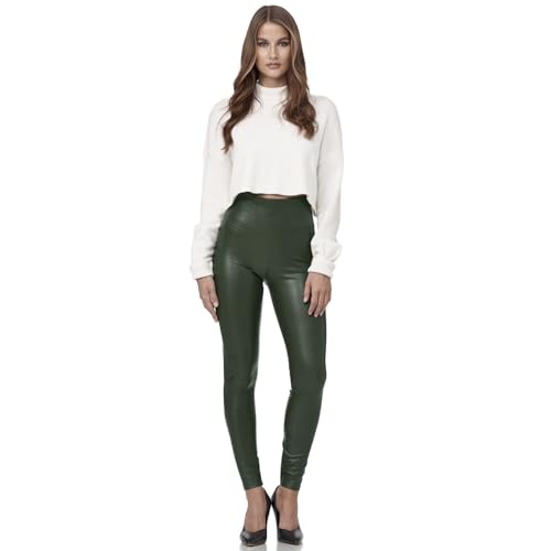 Legging taille haute femme look cuir collants treggins noirs extensibles