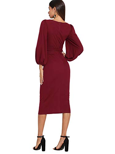 Floerns Women's Lantern Sleeve Tie Waist Midi Office Dress Burgundy L