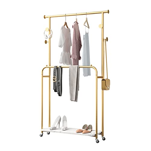 Porte-vêtements doré en métal avec étagère et crochets pour salon