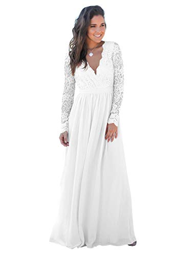 BONOYUER Sexy Backless Beach Wedding Dresses for Bride A-Line Lace Chiffon Long Sleeve Bridal Gown with Pockets White Size 10