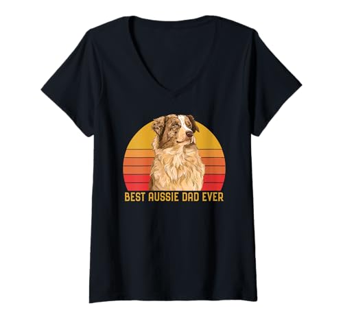 Womens Vintage Best Aussie Dad Ever Papa Australian Shepherd Dog V-Neck T-Shirt