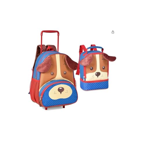 Mochila Infantil com Rodinhas Escolar, Estampa Cachorro, Marrom com Azul, Poliéster, 32x17x36cm, com Bolsos e Detalhe 3D