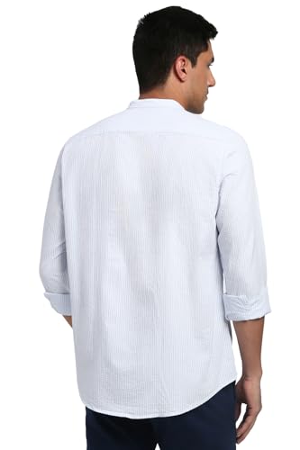 Image of Peter England Men's Casual Mandarin Collar Slim fit Full Sleeve Shirt in 100% Cotton Seersucker with Striped Design