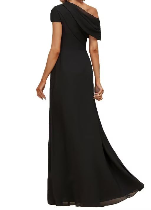 Mother of The Bride Dresses Pleated A-line One Shoulder Floor Length Chiffon Short Sleeves Long Formal Evening Gowns3