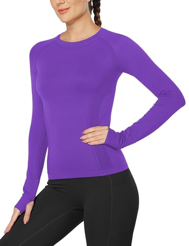 Image of MathCat Workout Shirts for Women Long Sleeve, Workout Tops for Women, Quick Dry Gym Athletic Tops，Seamless Yoga Shirts XS-XL Darkpurple