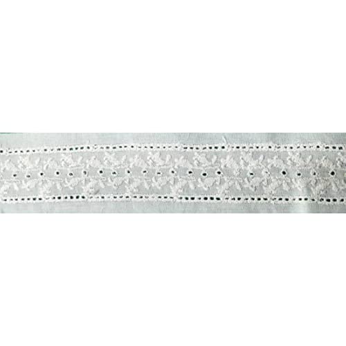 Image of PCJS - 5 Meter Cotton Soft Premium Embroidered Designed Schiffli Lace, White Cotton Lace Border for Dress, Kurtis, Dupatta, Bag, Craft and Decorations , curtain (PCJS SchiffliLace-13, White - Dyeable, 3cm)- 5 mtr