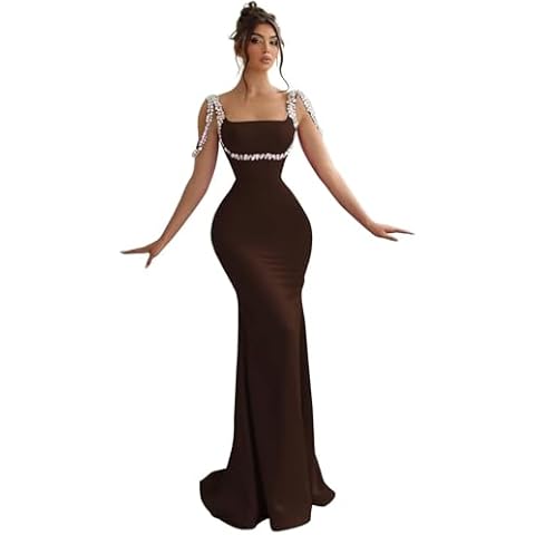 Zuddth Beaded Mermaid Prom Dress Spaghetti Strap Sleeveless Satin Tight Slip Long Dresses 2025 Brown Cover