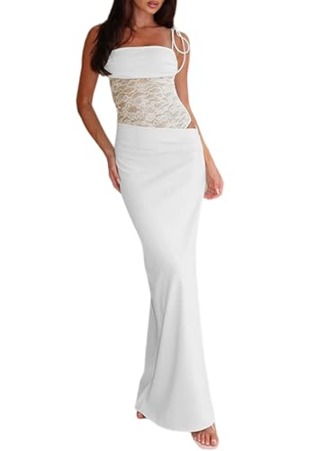 Image of Unybwonn Lace Maxi Dress Sexy Sheer Sleeveless Bodycon Mesh Long Dresses Cut Out Spaghetti Strap Wedding Guest Dress