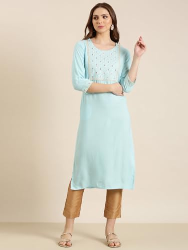Image of SHOWOFFFF Women Solid Straight Ethnic Kurta | Round Neck 3 /4th Sleeves Cotton Kurta for Womens | Regular Fit Calf Length Kurta for Women's