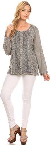 Image of Sakkas Fedella Deep Scoop Neck Long Sleeve Blouse Top with Adjustable Back Straps