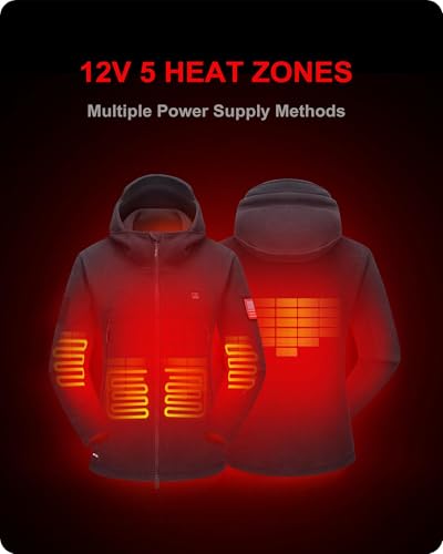 DEWBU Heated Jacket Polar Fleece with 12V Battery Pack Soft Fleece Electric Heating Hoodie for Women, Grey, XL