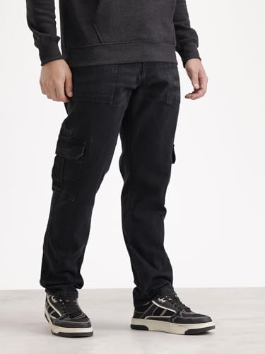 Image of WROGN Men's Cotton Stretch Cargo Jeans | Solid | Straight Fit