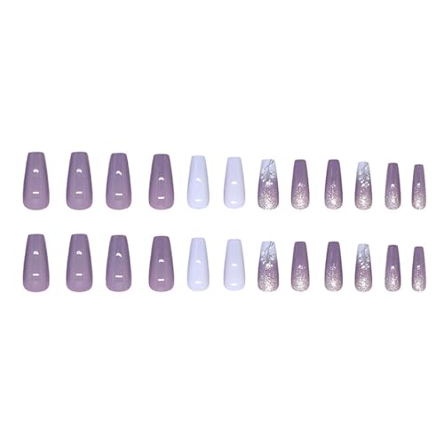 24 uñas postizas cuadradas brillantes de color morado degradado con diseños de flores, fáciles de poner para fiestas y uso diario