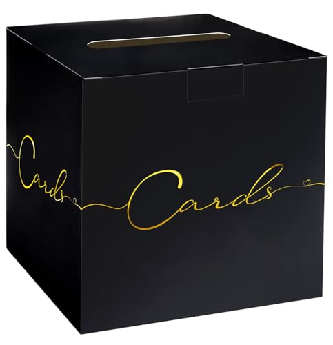 Image of HEIPINIUYE Large Card Box for Party 9.8 inch x 9.8 inch Black Gift Card Box Holder with Gold Foil Design for Wedding Birthday Baby Shower Retirement Graduation Party Raffle Box