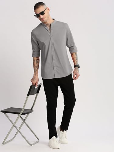 Image of SHOWOFFFF Men Solid Casual Shirt | Mandarin Collar Full Sleeves Cotton Shirt for Mens | Slim Fit Regular Length Shirt for Men's