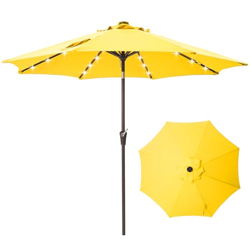 Tioline 9FT Solar-Powered LED Patio Umbrella with Tilt Crank Outdoor Market Umbrella with 32 Lights Sunshade for Deck Garden and Pool Yellow