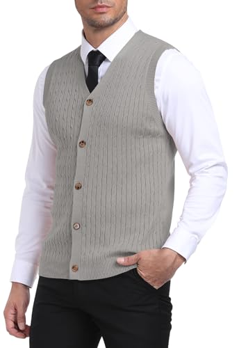 YTD Men's Sleeveless Sweater Vest V-Neck Casual Cable Knit Button Down Cardigan Vest2