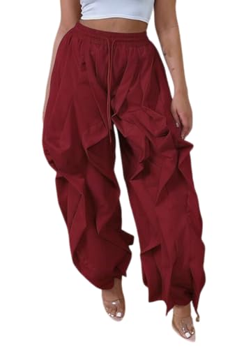 Image of Lucuna Women Balloon Pants Ruffle Fringe Drawstring High Waist Wide Leg Baggy Joggers Parachute Pants