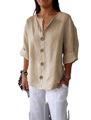 Tunic Tops for Women Loose Fit Dressy Casual V Neck 3/4 Sleeve Button Down Lightweight Work Blouses Summer Shirts