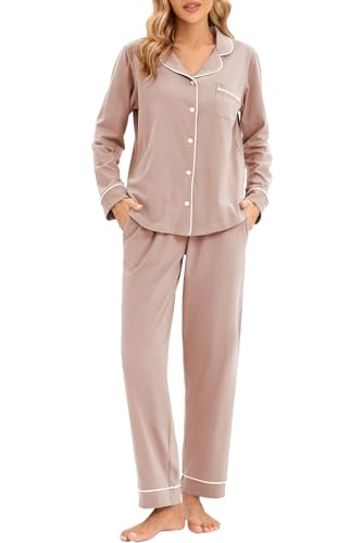 Image of LUBOT 100% Cotton Pajamas for Women Pajama Set Soft 2 Piece Sleepwear PJ Set Long Sleeve Knit Button Cozy Loungewear XS-XXL
