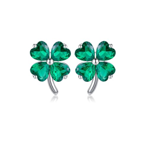 Reffeer Pendientes de trébol de plata de ley 925 con circonitas cúbicas para mujeres y adolescentes, pendientes de trébol verde para el Día de San Patricio, Medium, Plata de ley, Circonia cúbica
