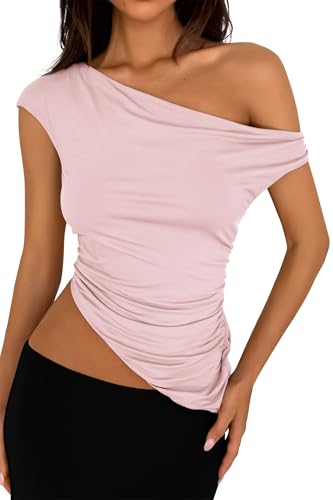 PRETTYGARDEN Womens 2025 Summer Off The Shoulder Crop Tops Sleeveless One Shoulder Ruched Asymmetrical Y2K Going Out Tank Top (Light Pink,Medium)