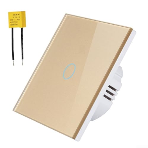 Smart WiFi Touch Light Switch 1 Gang with Capacitor, Tempered Glass Wall Panel, for Smart App and, Supports Neutral and No Neutral Wire for Home Lighting Control(Gold)