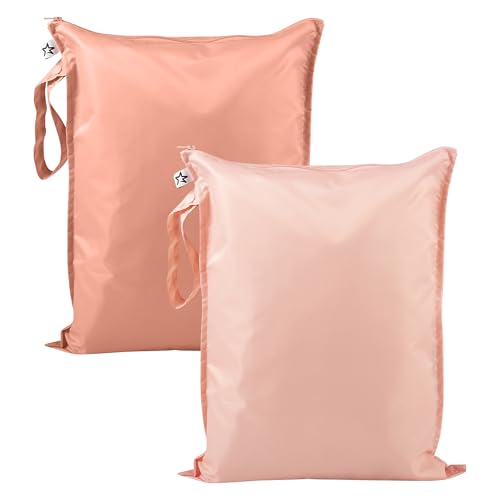 Image of Tiny Twinkle Mess Proof Wet Bags | 2-Pack Reusable Waterproof Wet Bags for Swimsuits | Baby Clothes | Travel & Diaper Bag (Peach,Terracotta)