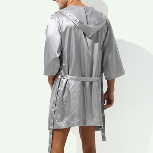 Men's Hooded Bathrobe Kimono Robe Short Sleeve Sleepwear Summer Belted Nightgown Pajamas with Hood2