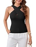 MAKABO Women Black Halter Cross Collar Tank Knit Sleeveless Top Solid Color Casual Summer Blouse, XL