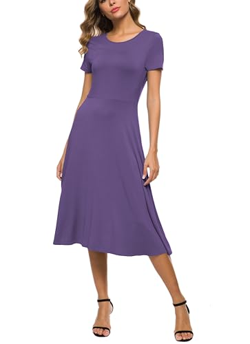 Image of EXCHIC Women's Casual Round Neck Short Sleeve Midi Dress Solid Stretchy Waist Knee Long Dress