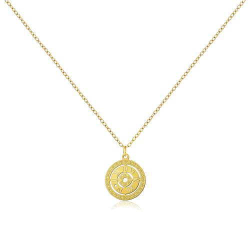 AuraLixi Gold Compass Coin Necklace for Women, Vintage Roman Numeral