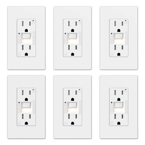 ELEGRP GFCI Outlet w/Nightlight, 15 Amp Self-Test GFI Electrical Outlet, Thinner Design, Tamper Resistant GFCI Receptacle, Ground Fault Receptacle w/Wall Plate, UL Listed, Matte White, 6 Pack
