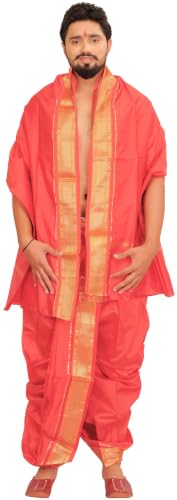 Ready to Wear Dhoti and Veshti Set with Woven Golden Border - Poly Silk product thumbnail 13