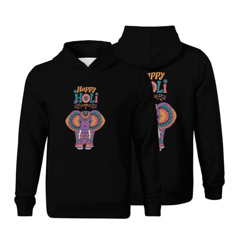 Kids Cool Happy Holi Colors Festival Spring Elephant Boys Girls Lightweight Kangaroo Pocket Fleece Hoodies