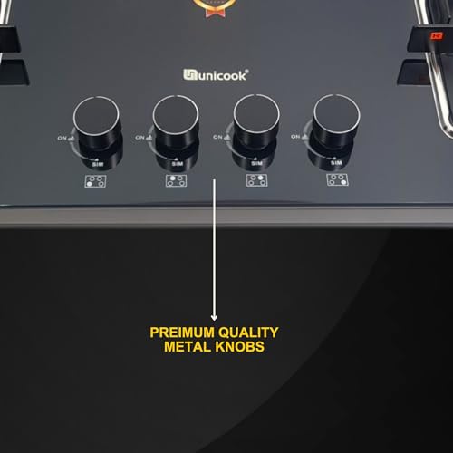 Image of Unicook Hobtop 4 Burner Gas Stove | ISI Certified | Manual Ignition | 8mm Toughened Glass | Forged Brass Burners | 3 Years Warranty on Glass & Burners + 2 Years Manufacturer Warranty