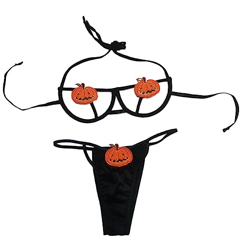 Halloween Lingerie Sexy Pumpkin Bikini Anime Devil Cosplay Costume Goth Harness Bra and Panty Set Festivals Rave Outfit Black